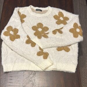 SHEIN White and Tan Crew Neck Sweater with Floral Design